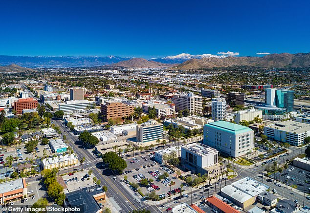 The skyline of Downtown Riverside, located in the Greater Los Angeles area, is seen here